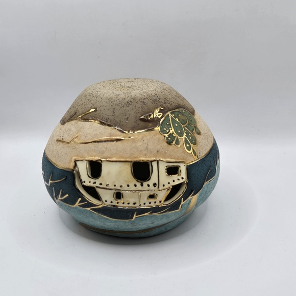 Gina Arrighette Southwestern Pueblo cactus Desert Art Pottery Gold Gilt Vase 22k - Picture 4 of 16